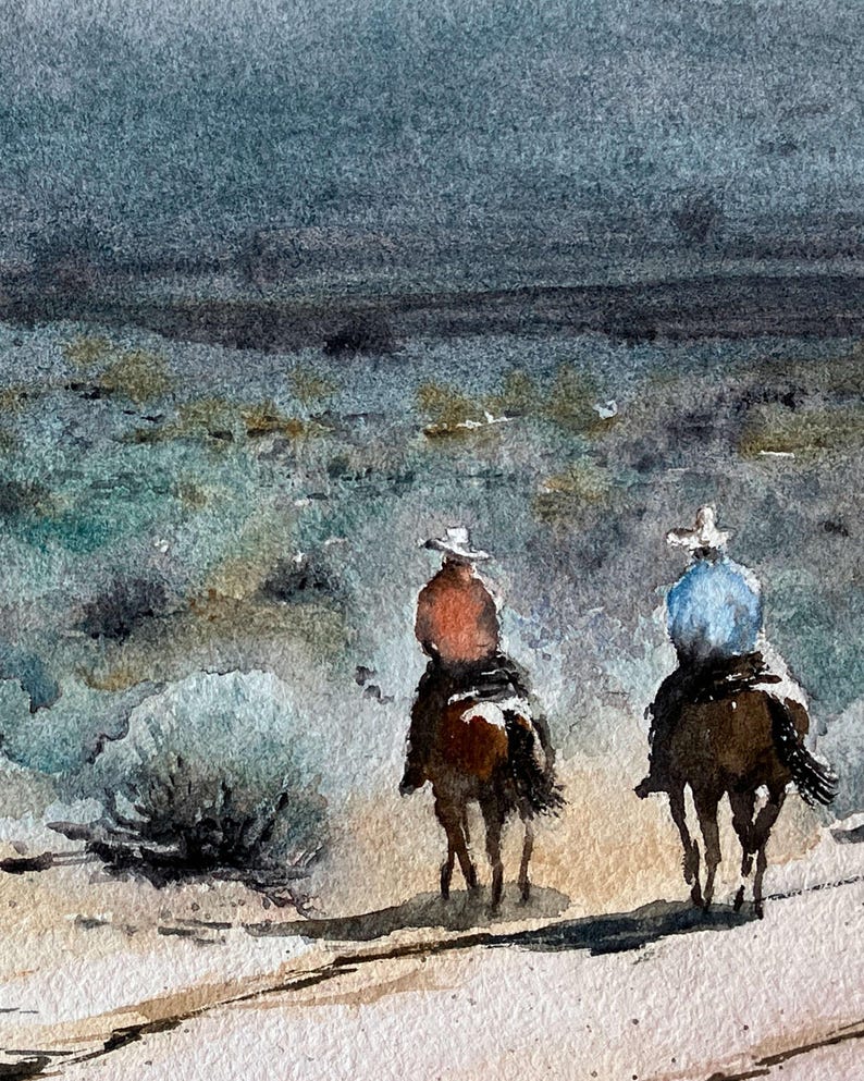 May include: Watercolour painting depicting two cowboys on horseback, seen from the rear, traversing a landscape. The riders are wearing hats and are dressed in shades of orange and blue. The background features a cloudy sky and muted green and brown tones.