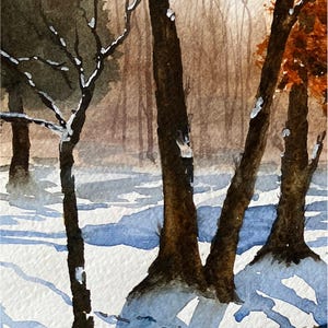 May include: Watercolor painting of a winter forest scene. The foreground features dark brown tree trunks and branches with patches of snow. The ground is covered in snow with blue shadows, and the background shows a hazy, light-brown forest.