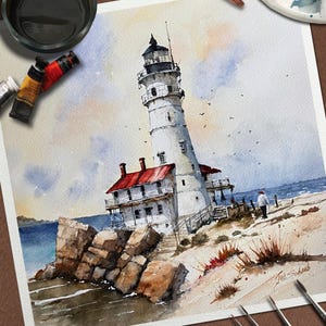 K&ouml;nnte beinhalten: Aquarellmalerei eines wei&szlig;en Leuchtturms mit rotem Dach, an einer felsigen K&uuml;ste gelegen. Das Kunstwerk zeigt eine detaillierte Darstellung des Leuchtturms, des Meeres und des Himmels, mit Farbtuben und Pinseln im Vordergrund.