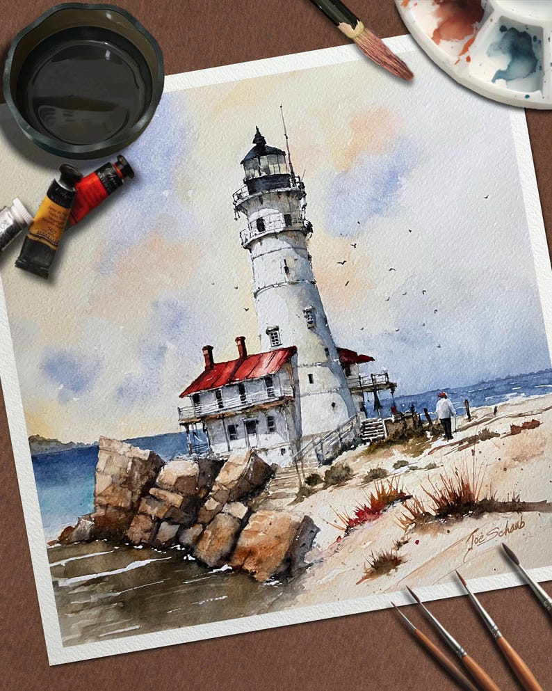 K&ouml;nnte beinhalten: Aquarellmalerei eines wei&szlig;en Leuchtturms mit rotem Dach, an einer felsigen K&uuml;ste gelegen. Das Kunstwerk zeigt eine detaillierte Darstellung des Leuchtturms, des Meeres und des Himmels, mit Farbtuben und Pinseln im Vordergrund.