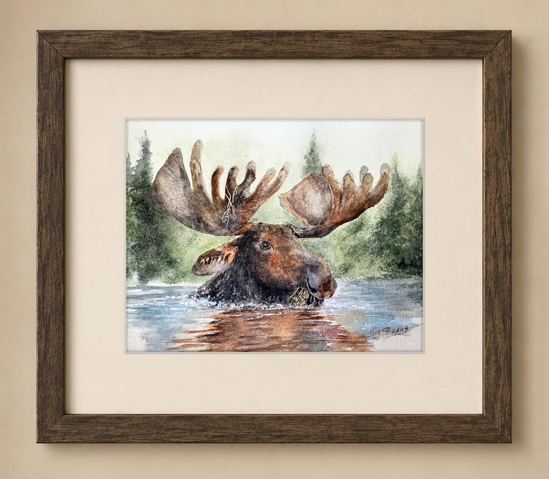 May include: A framed watercolor painting depicting a brown moose wading in water with a forest background. The moose has large antlers and is facing right. The artwork is enclosed in a dark brown wooden frame with a cream-colored mat border.