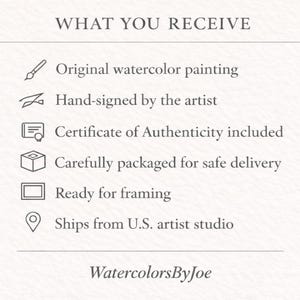 May include: A white informational graphic with dark grey text titled WHAT YOU RECEIVE. It lists six items with icons: original watercolor painting, hand-signed by the artist, certificate of authenticity, packaging, framing, and studio location. WatercolorsByJoe.