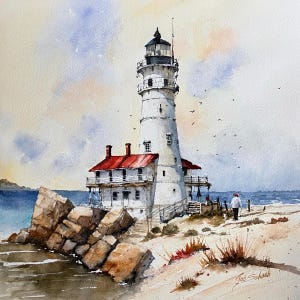 K&ouml;nnte beinhalten: Aquarellmalerei eines wei&szlig;en Leuchtturms mit schwarzem Dach und rotem Dach. Der Leuchtturm befindet sich an einem sandigen Ufer mit einem Felsvorsprung und einer Person, die in der N&auml;he geht. Der Himmel ist eine Mischung aus Blau und Gelb.