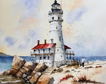 Lighthouse Wall Art Original Watercolor Painting – Coastal Lake House Decor | Title: Shoreline Beacon