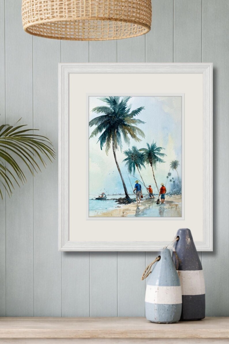 Original Watercolor Painting: Shoreline Fishing Under Palms – Coastal Beach Art bild 6