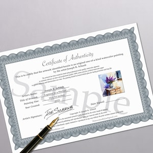 May include: Certificate of Authenticity for a watercolor painting titled "Lupines in a Pitcher" by Joseph R. Schaub. The painting size is 10 x 10 inches and was created in 2025. Includes artist's signature and copyright information.
