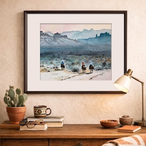 Original Watercolor Painting, Three Riders, Western Desert Landscape, Horse Art image 10