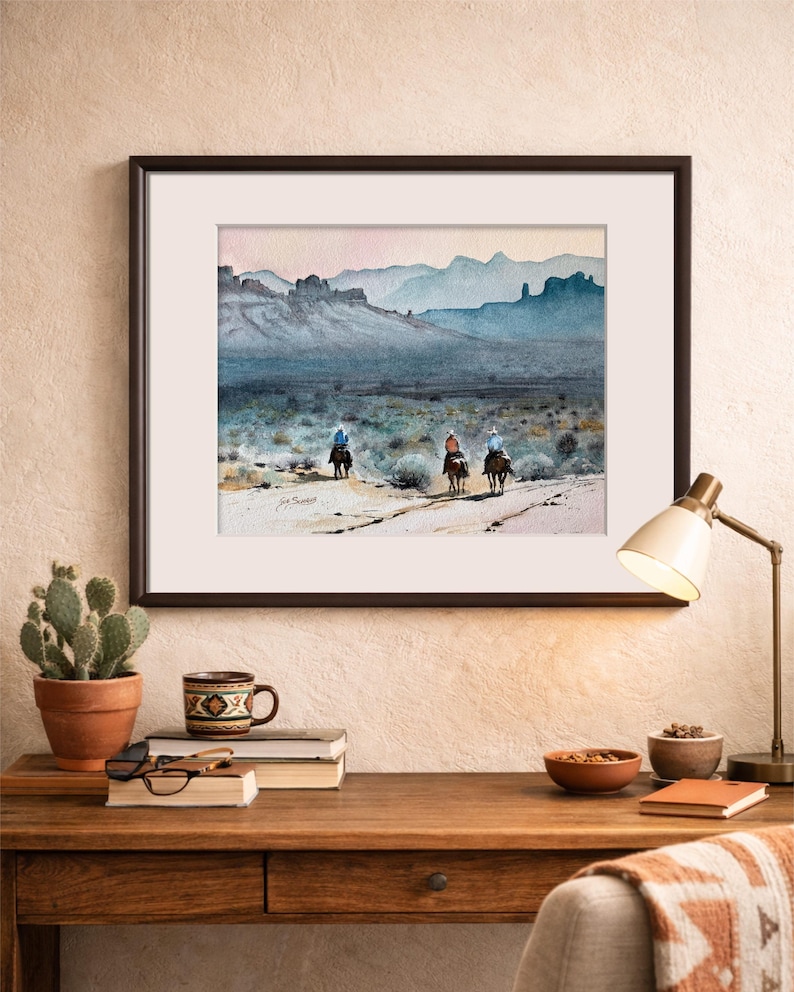 Original Watercolor Painting, Three Riders, Western Desert Landscape, Horse Art image 10