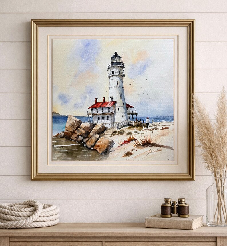 K&ouml;nnte beinhalten: Aquarellmalerei eines wei&szlig;en Leuchtturms mit rotem Dach, an einer felsigen K&uuml;ste. Das Kunstwerk ist in einem goldfarbenen Rahmen gerahmt. Die Szene umfasst einen Sandstrand, blaues Wasser und eine Person, die in der N&auml;he des Leuchtturms spaziert.