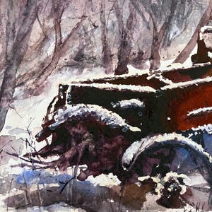 May include: Watercolour painting of a winter scene with a rusty, snow-covered wagon. The artwork uses shades of brown, red, and white to depict the wagon and the snowy landscape. Bare trees are visible in the background.
