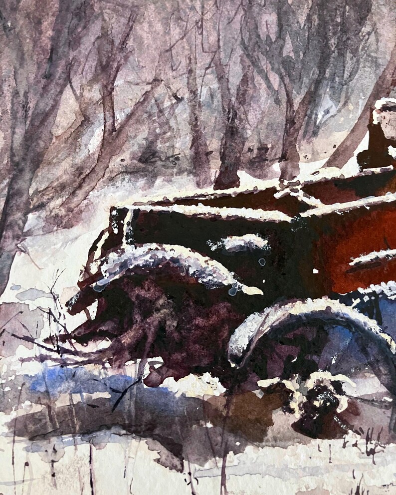 May include: Watercolour painting of a winter scene with a rusty, snow-covered wagon. The artwork uses shades of brown, red, and white to depict the wagon and the snowy landscape. Bare trees are visible in the background.