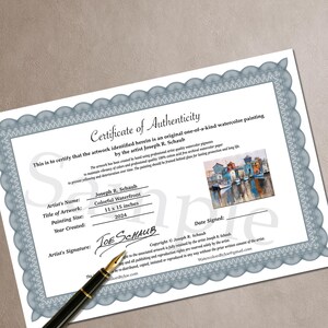 May include: A certificate of authenticity for a watercolor painting titled "Colorful Waterfront" by Joseph R. Schaub. The painting size is 11 x 15 inches and was created in 2024. The certificate includes the artist's signature and copyright information.