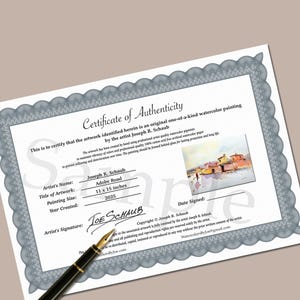 May include: A certificate of authenticity for a watercolour painting by Joseph R. Schaub. The certificate states the painting's title, "Adobe Road," and dimensions of 28 x 38 cm. The artist's signature and copyright details are included, along with material information.