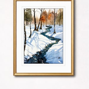 May include: Watercolor painting of a winter landscape with a winding stream. The artwork features a snow-covered scene with bare trees and a golden frame. The stream's water is a deep blue, contrasting with the white snow.