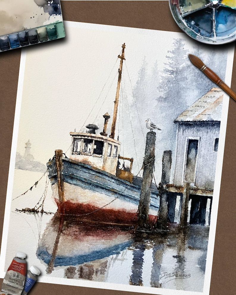 May include: A watercolor painting depicting a fishing boat moored at a wooden dock in a misty harbor. The boat features a white cabin, blue hull, and red bottom. A seagull sits on a piling near a weathered building, with a lighthouse visible in the distance.