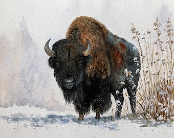 Original Watercolor Painting – Bison in Snow, Western Wildlife Art, National Park Art