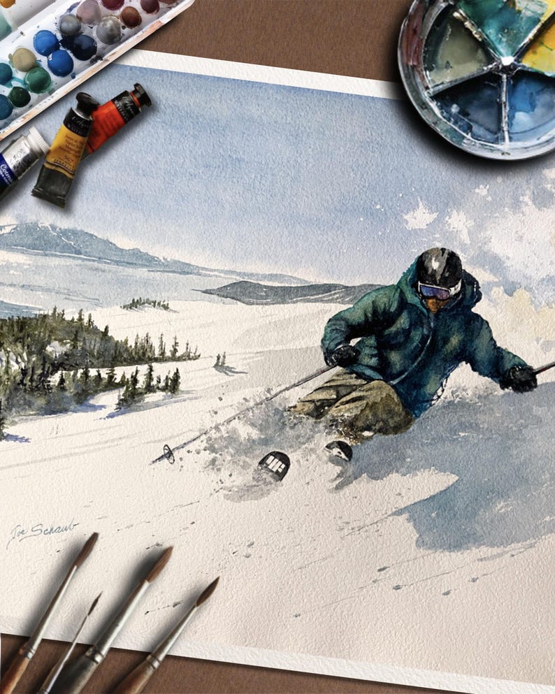 May include: Watercolor painting of a skier carving down a snowy mountain slope. The skier wears a dark green jacket and black helmet. The painting includes a palette of watercolors, paint tubes, and paint brushes.