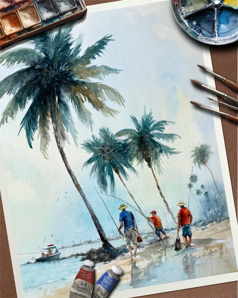 Original Watercolor Painting: Shoreline Fishing Under Palms – Coastal Beach Art bild 2
