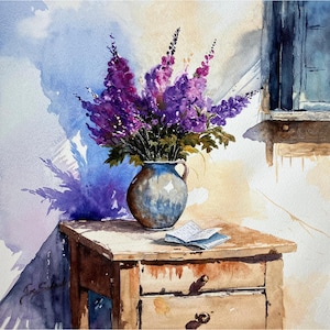 May include: Watercolor painting of a still life featuring a blue vase filled with purple flowers. The vase sits on a wooden table with a small open book. The background has a blue and white wash.