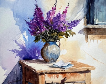 Original Watercolor Painting – Botanical Cottagecore Floral Still Life Art | Title: Lupines in a Pitcher