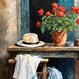 May include: A watercolour painting depicting a beige straw hat with a black band resting on a weathered wooden table. Beside the hat sits a terracotta pot filled with vibrant red geraniums. A white cloth is draped over a wooden stool below.