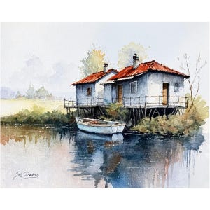 May include: Watercolor painting of two small, light blue houses on stilts with red roofs, a white boat, and a calm body of water. The houses have wooden decks and are surrounded by greenery. The artist's signature is in the bottom left corner.