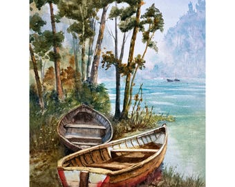 Rowboat Lake Wall Art Original Watercolor Painting – Lakeside Boat Scene | Title: Quiet Mooring