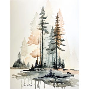 May include: A watercolor painting depicting a forest scene with tall pine trees in shades of dark gray and muted brown. The trees are reflected in a calm body of water at the bottom. The artist signature Joe Schaub is visible in the lower left corner.