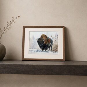 May include: A framed art print featuring a watercolor illustration of a bison standing in a snowy landscape with dry grasses. The artwork is enclosed in a rectangular wooden frame with a white mat border, showcasing the animal's dark fur and texture.