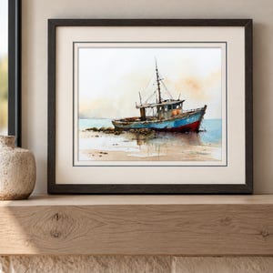 May include: A framed watercolor painting depicting a weathered fishing boat resting on a sandy shore. The vessel features a blue hull with a red bottom, a cabin, and a mast. The background shows a soft, hazy sky and calm water in muted tones.