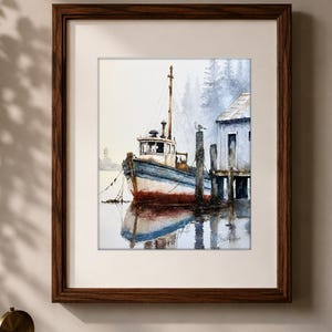 May include: A framed watercolor painting depicting a blue and white fishing boat moored at a wooden dock. The scene features a seagull perched on a piling, a small building on the right, and a misty forest background with a reflection in the water.