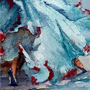 May include: Watercolor painting of a figure in a flowing blue dress with red accents. The artwork has a soft, ethereal quality, with visible brushstrokes and a focus on light and shadow. The figure is wearing black shoes.
