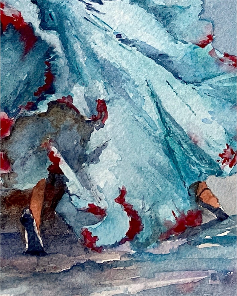 May include: Watercolor painting of a figure in a flowing blue dress with red accents. The artwork has a soft, ethereal quality, with visible brushstrokes and a focus on light and shadow. The figure is wearing black shoes.