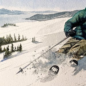 May include: Watercolor painting of a skier descending a snowy mountain slope. The skier is wearing a green jacket and black gloves. The ski poles are in use, and the skis are visible. The background shows snow-covered mountains and a pale blue sky.