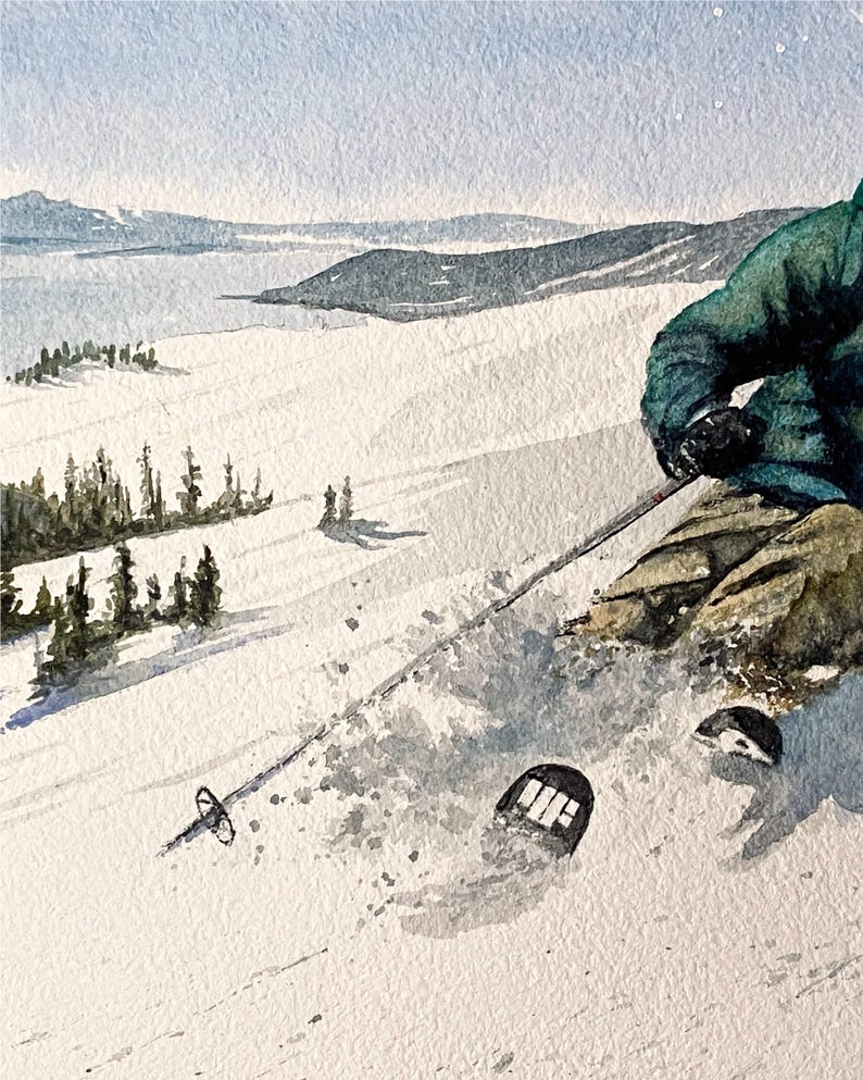 May include: Watercolor painting of a skier descending a snowy mountain slope. The skier is wearing a green jacket and black gloves. The ski poles are in use, and the skis are visible. The background shows snow-covered mountains and a pale blue sky.
