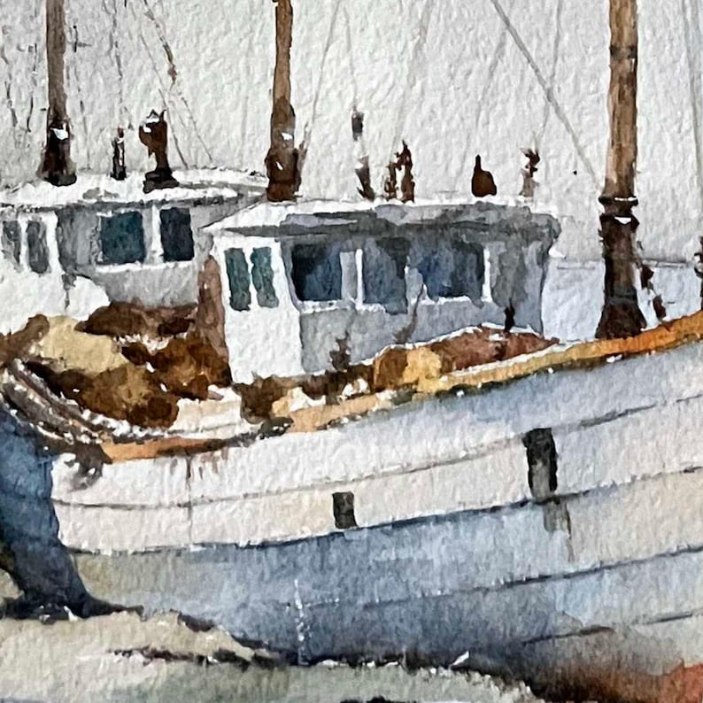 May include: A watercolor painting depicting two white fishing boats docked side by side. The vessels feature brown masts, dark blue windows, and textured hulls. The scene is rendered with visible brushstrokes on paper, capturing the boats.