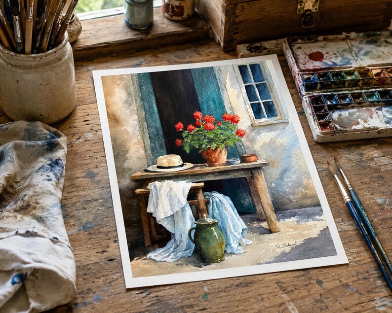 May include: A watercolour painting depicting a rustic wooden table and bench set against a textured wall. A terracotta pot with red geraniums, a straw hat, and a green ceramic pitcher are visible, with white fabric draped over the bench.