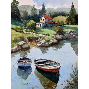 May include: Watercolor painting of a serene landscape featuring a house with a red roof, two boats on the water, and lush greenery. The boats are a light blue and red. The artwork captures a peaceful scene with reflections in the water.
