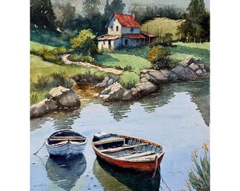 Original Watercolor Painting – Boats at Cottage Cove, Lake House Wall Art