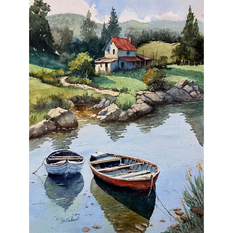 May include: Watercolor painting of a serene landscape featuring a house with a red roof, two boats on the water, and lush greenery. The boats are a light blue and red. The artwork captures a peaceful scene with reflections in the water.