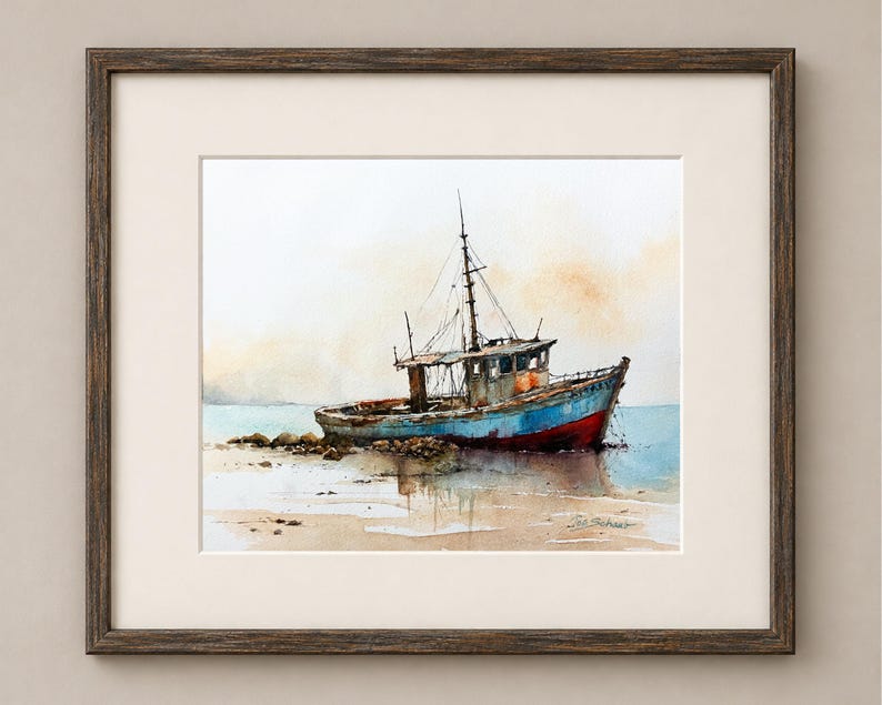 May include: A framed watercolor painting depicting a weathered blue and red fishing boat resting on a sandy shore. The vessel features a mast, cabin, and orange buoys, with soft, muted tones of beige and light blue in the background sky and water.