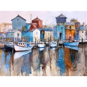 May include: Watercolor painting of a harbor scene with colorful buildings and boats. The buildings are painted in shades of blue, orange, and red. Several white and blue boats are docked in the water, reflecting the colors of the buildings. The artwork has a soft, painterly style.