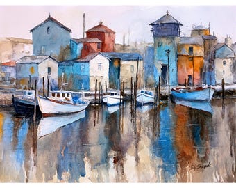 Harbor Boats Coastal Wall Art Original Watercolor Painting – Nautical Decor | Title: Colorful Waterfront