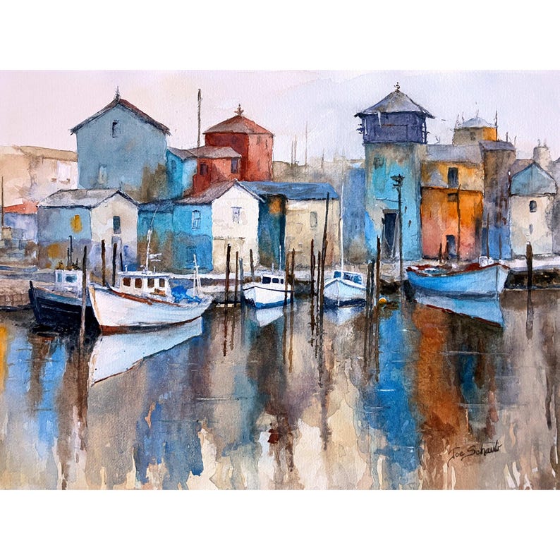 May include: Watercolor painting of a harbor scene with colorful buildings and boats. The buildings are painted in shades of blue, orange, and red. Several white and blue boats are docked in the water, reflecting the colors of the buildings. The artwork has a soft, painterly style.