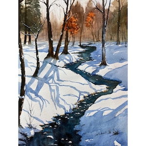May include: Watercolor painting of a winter landscape featuring a snow-covered forest with a winding stream. The artwork showcases bare trees, shadows, and patches of orange foliage, with a signature in the lower right corner.