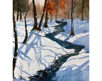 Winter snow wall Art Original Watercolor Painting – Snowy Forest Landscape | Title: Winter Creek