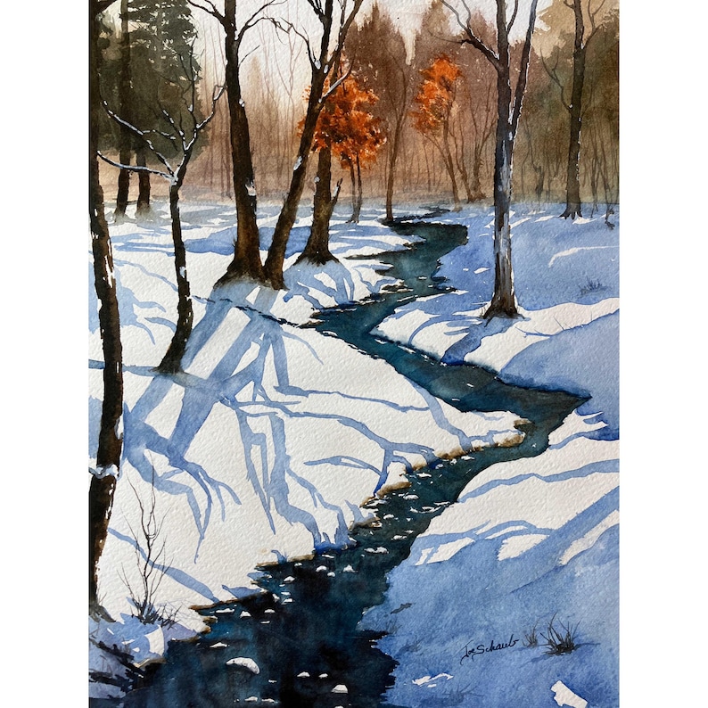 May include: Watercolor painting of a winter landscape featuring a snow-covered forest with a winding stream. The artwork showcases bare trees, shadows, and patches of orange foliage, with a signature in the lower right corner.