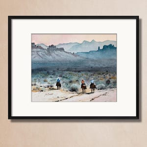 Original Watercolor Painting, Three Riders, Western Desert Landscape, Horse Art image 5
