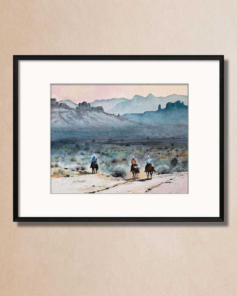 Original Watercolor Painting, Three Riders, Western Desert Landscape, Horse Art image 5