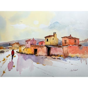 May include: Watercolour painting of a rural village scene. A person in a red coat and hat walks down a road. Buildings with red tile roofs and peach-coloured walls are in the foreground. The sky is a pale yellow with soft clouds.